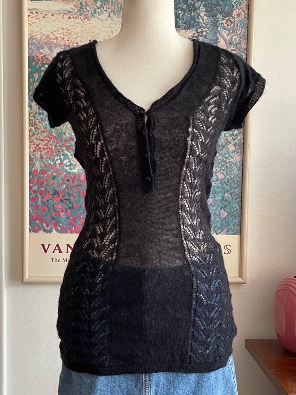 Susana Monaco Black Knit Short Sleeve Sweater Wool Alpaca Sheer Whimsigoth Sz S